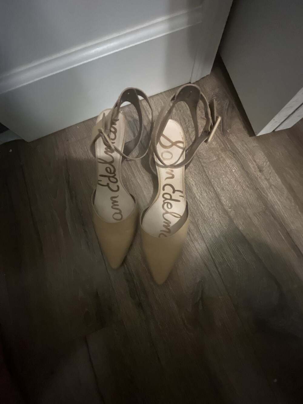 Sam Edelman Beige Leather Pointed Toe Ankle Strap Heels